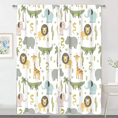 MESHELLY Baby Boy Safari Animal Curtains 52W X 84H Inch Rod Pocket Kids Room Decor Woodland Jungle Cartoon Lion Elephant Printed for Nursery Playroom Living Room Bedroom Window Drapes Fabric
