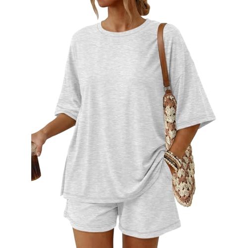 Trendy Queen Women's 2 Piece Summer Matching Set Lounge Wear with Pockets | Vacation Travel Outfit, Airport Resort Wear, Athleisure Clothing, Oversized Top & Loose Fit Shorts