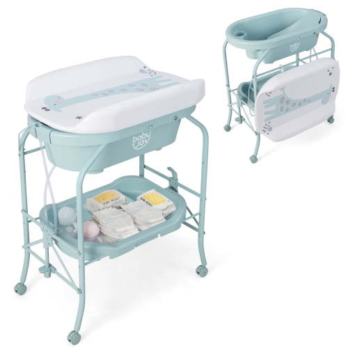 Infans Baby Changing Table w/Bathtub, Folding & Portable Diaper Station w/Wheels Blue