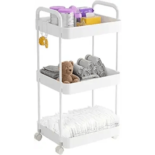 Diaper Caddy Organizer, 3-Tier Movable Diaper Cart with Wheels, Newborn Essentials Must Haves, Diaper Caddy for Wipes & Diapers, Baby Registry Search - Plastic White