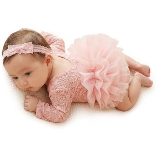ForBaysy Newborn Photography Props Newborn Lace Romper Set with Matching Headband – Infant Baby Girl Outfit for Photoshoot
