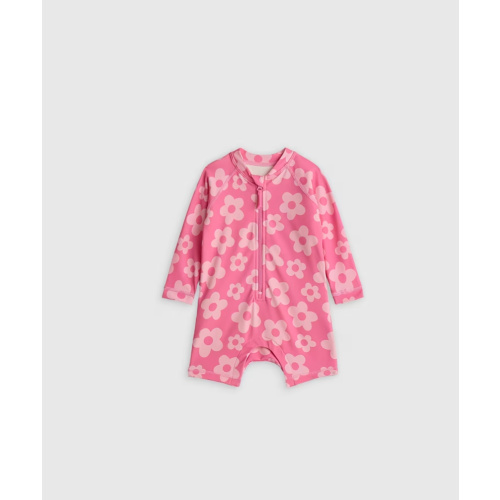 Long Sleeve Zip-Up Rash Guard One-Piece - Baby in Pink Daisy