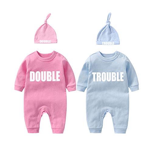 YSCULBUTOL Baby Twins Bodysuits Funny Double Trouble Cute Girl Romper Twin Jumpsuits Hat Set