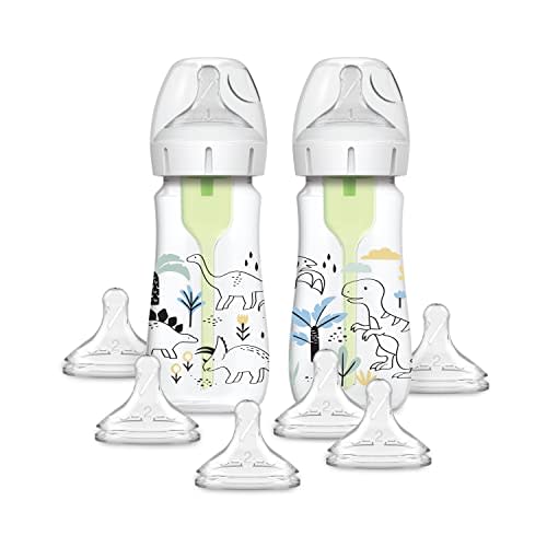 Dr. Brown's Natural Flow® Anti-Colic Options+™ Wide-Neck Baby Bottle Designer Edition Bottles, Dino Decos, 9oz/270mL, Level 1 Nipple, 2-Pack, 0m+ with 6-Pack Level 2 Nipples