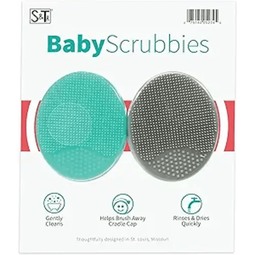S&T INC. Exfoliating and Massaging Cradle Cap Bath Brushes for Baby, Silicone - 2 Inch x 2.5 Inch, Grey and Teal, 2 Pack