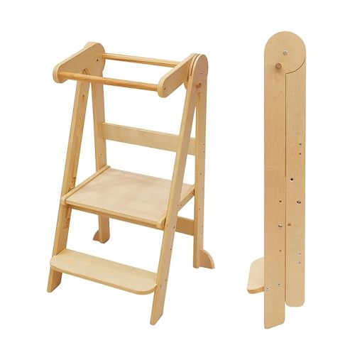 Foldable Toddler Tower Preassembled Kitchen Stool, Folding Tower for Learning with 3 Adjustable Heights Montessori Toddler Standing Tower Collapsible Step Stool for Kids 1.5-6y Natural