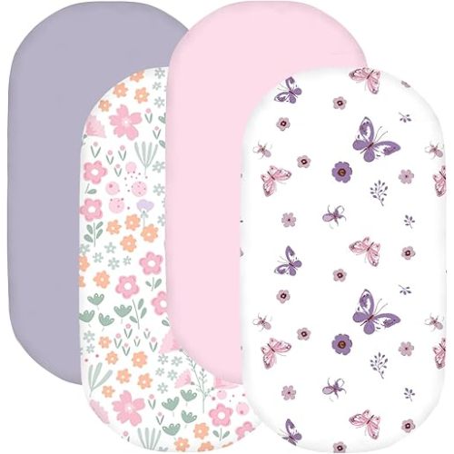 Little Grape Land Bassinet Sheets for Baby Girl 4 Pack, Soft Microfiber Fitted Cradle Sheets 33"x18"x4", Breathable & Snug for Oval/Rectangle Mattress – Pink Floral/Butterfly/Light Pink/Purple