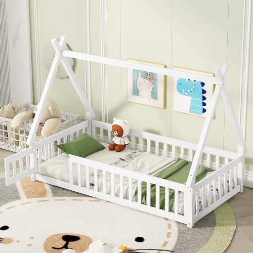 Bellemave Twin Size Tent Floor Bed for Kids,Solid Wood Teepee Montessori Floor Bed Frame with Door and Slats for Girls Boys(Twin,White)