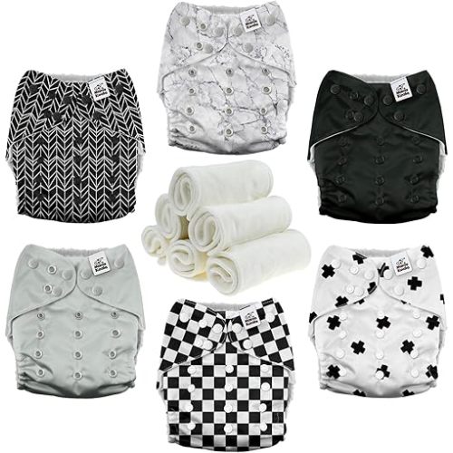 Mama Koala 3.0 Pocket Cloth Diapers for Babies with AWJ Lining, 6 Pack with 6 4-Layer Natural Cloth Diaper Inserts - Reusable and Washable Pocket Diapers (Black and White)