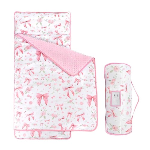 Toddler Nap Mat with Pillow and Plush Blanket, Kids Sleeping Bags for Preschool Daycare, Slumber Bags for Girls Boys Ages 3-7 Years, 55'' x 23'', Pink Rose