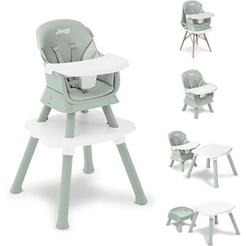 Jeep Milestone 6-in-1 High Chair by Delta Children High Chair Converts to Stool, Booster Seat, Toddler Chair, Activity Table and Desk and Chair, Sage Green