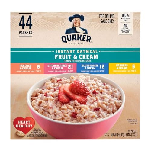 Quaker Instant Oatmeal Fruit & Cream Variety Pack, Single Serve Packets, (44 Pack)