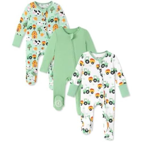 PATPAT 3 Pack Bamboo Viscose Baby Footed Pajamas with Anti-Grips, NB-2T