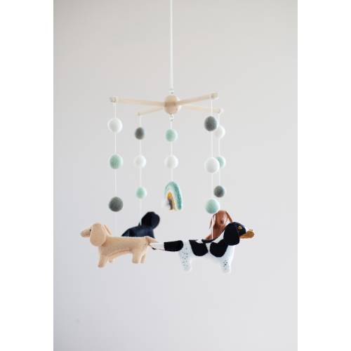 Dachshund Baby Mobile: Handmade Wool Dogs & Rainbow Nursery Decor