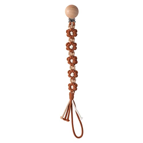 Pacifier Clip for Boys Girls Floral Daisy Macrame Paci Clip Boho Wooden Clips Handmade Braided Cotton Pacifier Holder Leash Baby Shower Birthday Gift (Caramel