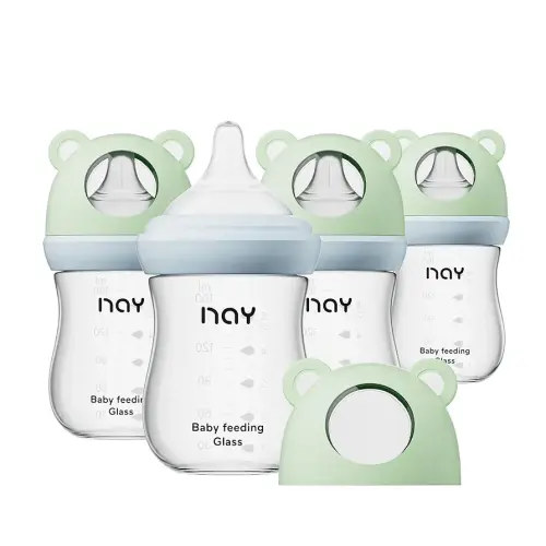 Natural Glass Baby Bottle for Breastfeeding Babies, 5.4oz Anti-Colic Baby Bottle with Natural Response Nipple(S), Clear, Wide Neck, 4 Pack, 1 Months+