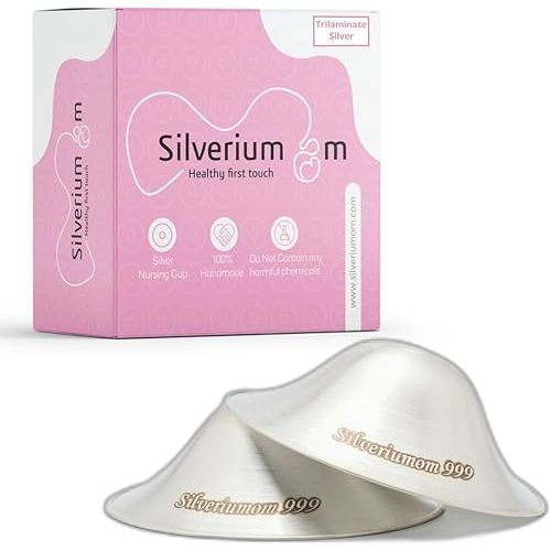 Silveriumom The Original Silver Nursing Cups - Nipple Shields for Nursing Newborn - 100% Pure Silver 999 Silver and Handmade - Nipple Covers Breastfeeding (Trilaminate Silver XL)
