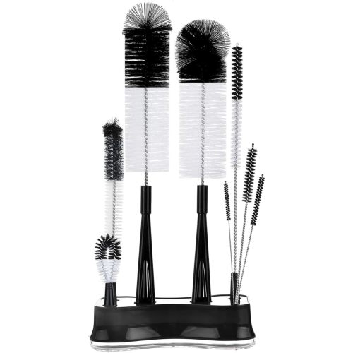 ALINK 8 Pack Black Bottle Brush Cleaning Set with Stand, Long Handle Bottle Cleaner with Holder for Narrow Neck Beer Wine Brewing Bottles, Stanley Water Bottles, Baby Bottles, Tumblers, Carafe, Straws