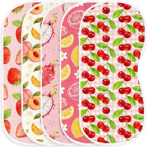 5 Pack Baby Burp Cloths for Girls Boys,With Pink Fruit Pattern,Large Cotton Burp Rags for Nursery Decor Newborns Gifts Extra Soft and Absorbent Machine Washable Baby Spit-Up Cloths,20x10inches