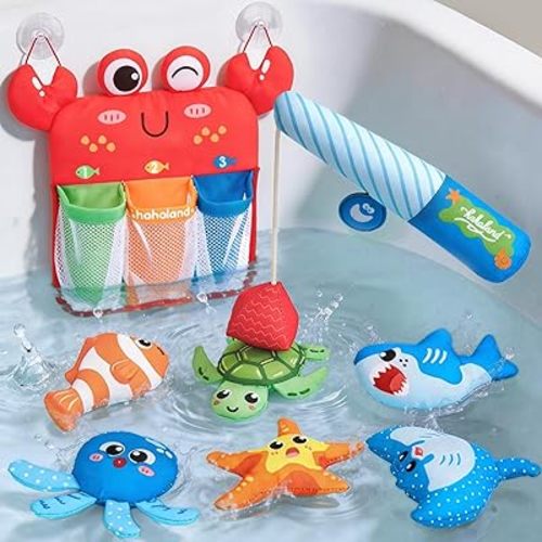 hahaland Bath Toys for Kids Ages 1-3 - Soft Magnetic Fishing Toys with Color Sorting Mesh, Mold Free Bathtub Shower Water Toy Toddler Educational Learning Bath Toys for 1 Year Old Boy Girl Gifts