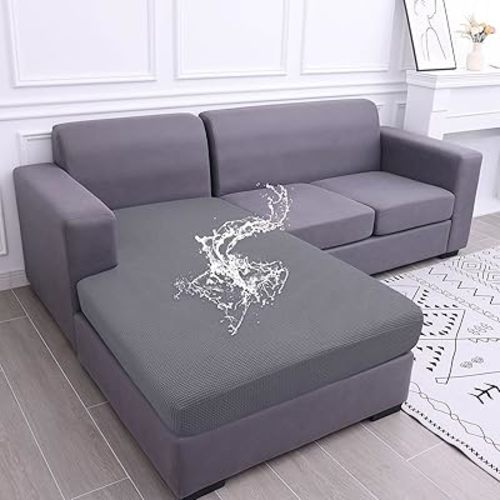 hyha Waterproof Sectional Couch Covers, Non Slip Sofa Couch Cushion Covers L Shape, Thick Stretch Jacquard Fabric, Washable Sofa Slipcovers with Elastic Bottom (1 Piece for Chaise, Middle Grey)