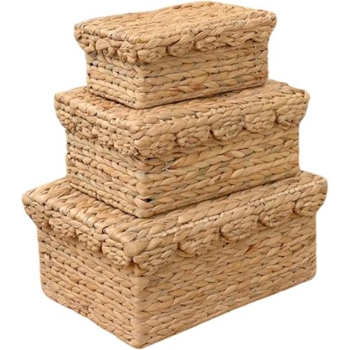 Scalloped Basket Set of 3 – Woven Seagrass Storage Baskets with Lids – Decorative Natural Bins Baskets for Organizing, Boho Home, Shelves, Bathroom Decor