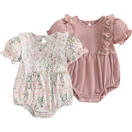 Merqwadd Paquete de mameluco de burbujas para bebé, manga corta, con encaje, ropa vintage de verano para recién nacidos