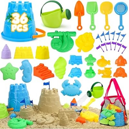 TOY Life 36 Pcs Beach Toys Sand Toys Toddlers with Castle Bucket Shovels & Sand Castle Building Kit Molds, Sandbox Toy Travel, Beach Party, Fishing, Summer Toy Activities