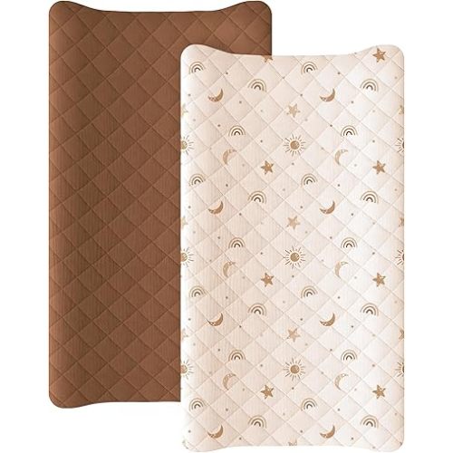 Konssy Waterproof Muslin Changing Pad Cover 2 Pack, Quilted Cotton Fitted Diaper Changing Table Cover, Soft Changing Pad Sheets for Girls Boys (Sunbeam Yellow,Coffice)