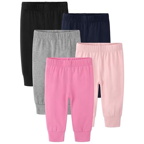 5 Pack Baby Girl Pants, 0-24M Cotton Baby Leggings for Infant Newborn | Diaper-Ready Fit, Tapered Leg & Ankle Cuffs Baby Pants, Elastic Waistband, Ultra-Soft, Stretchy & Sturdy, Classic Multicolor
