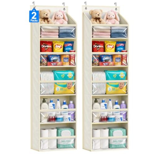 AOODA 2 Pack Over the Door Organizer, Large Capacity Closet Door Hanging Organizer, Clear Deep Pockets Baby Storage for Nursery, Bathroom, Bedroom, Pantry, Diapers (Light Yellow)