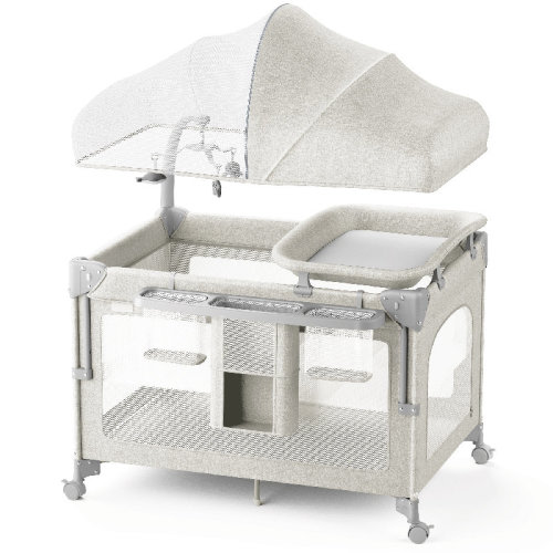 Rebrilliant 4-in-1 Baby Bassinet Bedside Sleeper, Portable Playard with Diaper Changer, One-Hand Quick Fold Pack and Play, 4 Lockable Wheels & Mosquito Net for Newborn to Toddler | Wayfair
