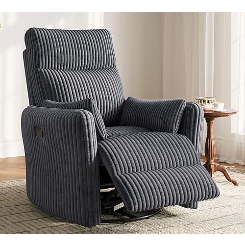 LINSY 360° Swivel Recliner Chair, Nursery Glider Rocking Chair with 2 Pillows, Adult Corduroy Rocker Recliner with Comfy High Back for Small Spaces, Nursery, Bedroom, Living Room(Black)