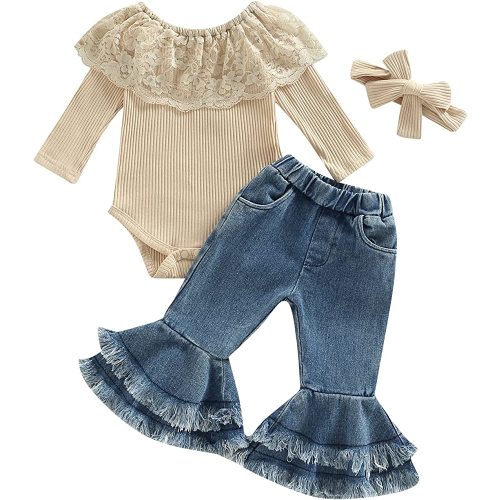 Baby Girl Outfit Infant Rib Ruffle Long Sleeve Romper Onesie Top Bell-Bottom Denim Pants Sets Cute Clothes (Beige,3-6 Months)