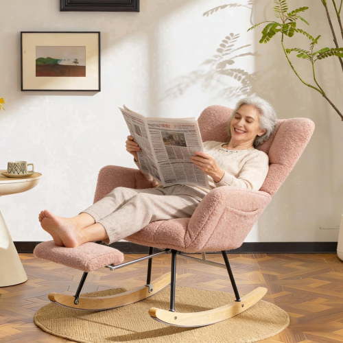 QuzyAor Teddy Fabric Nursery Glider Rocking Chair,Soft Upholstered Chair with Optional Footrest & Headrest for Baby Nursery Living Room,Pink