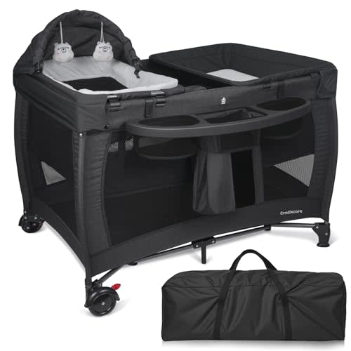 5-in-1 Pack and Play with Bassinet & Changing Table, Black | Portable Playpen for Babies and Toddlers, Foldable Travel Baby Playard with Diaper Storage & Locking Wheels, Easy Setup