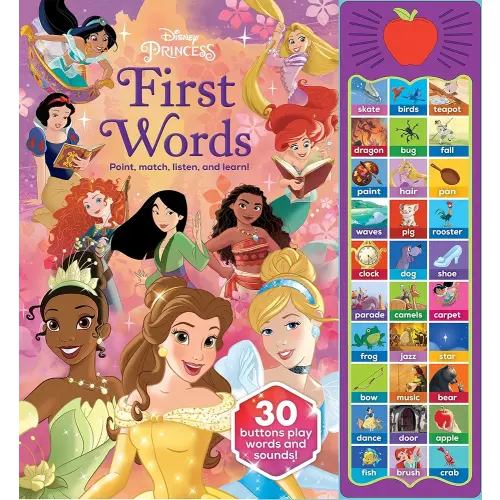 Disney Princess Cinderella, Moana, Rapunzel, and More! - First Words: Point, Match, Listen, and Learn! 30-Button Sound Book - PI Kids