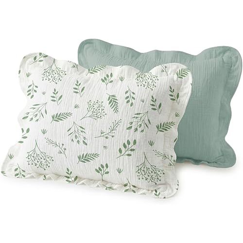 Muslin Ruffled Toddler Pillowcases 13"x18" 2 Pack, Soft, Breathable Muslin Cotton Travel Pillow Covers with Envelope Closure for Baby Boys, Girls & Kids (Fern Leaf & Sage-Ruffled, 13 x 18 Inch)