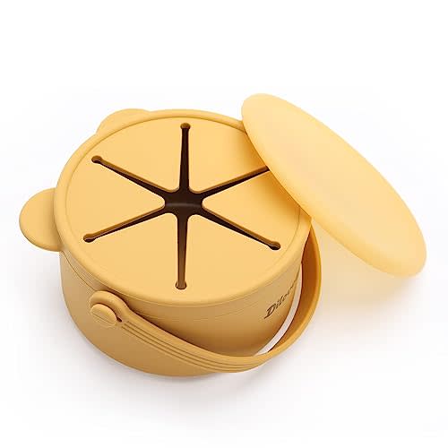 Dilovely Snack Cups for Toddlers, Baby Snack Containers, Silicone Toddler Snack Cups No Spill, Food Catcher with Lid & Bucket-like Handle, BPA Free & Dishwasher Safe, 9 Ounce Mustard