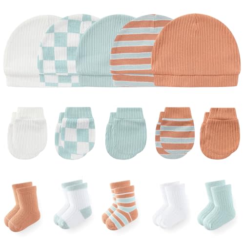 MAMIMAKA Newborn Baby Boy Girl Caps Mittens Socks Set Cotton Baby Essentials Accessories (Hats+Gloves+Socks)