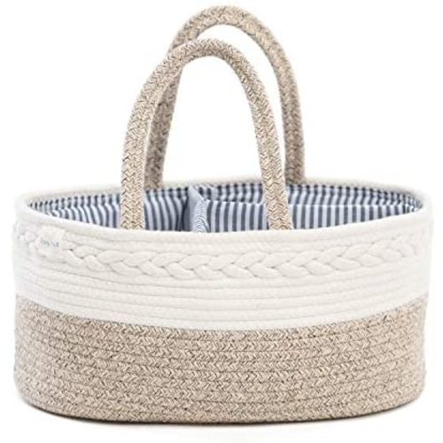 Diaper Caddy Baby Basket - Baby Essentials Organizer, Stylish Addition to Newborn Nursery, Perfect for Changing Table, Made with Pure Cotton Rope, Portable Storage 15x10x7 inch - Beige-White Colors