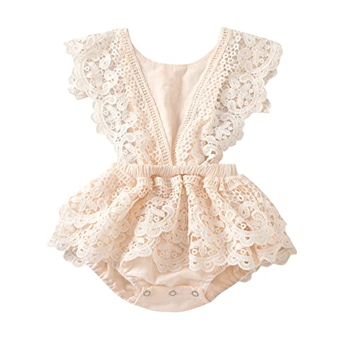 Madjtlqy 2Pcs Newborn Baby Girl Lace Ruffles Sleeve Bodysuits Backless Jumpsuit Clothes Romper Set