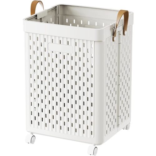 UAK Laundry Basket with Wheels, Collapsible Plastic Laundry Hamper with Handle, Foldable Laundry Basket Organizer for Laundry and Bathroom (‌Pure white, XXL)