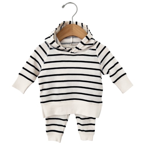 Organic Waffle Hoodie Set, Black Stripe