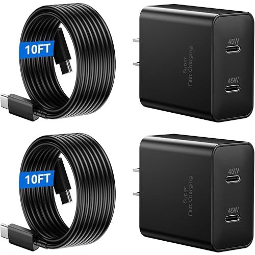 45W Super Fast Charger 2Port Type C Charger Fast Charging 10FT USB C Cord with Android Phone Charger Block for Samsung Galaxy S25 Ultra/S25+/S24/S24 Ultra/S23/S22/S20/Note10+/Tab S9,2Pack