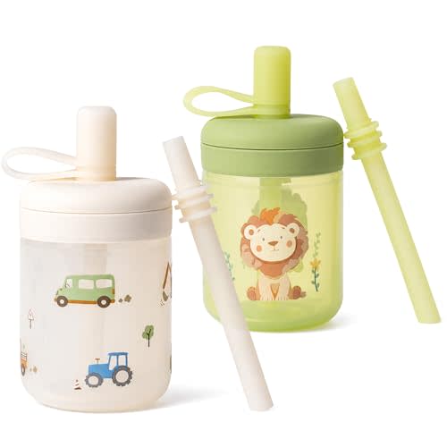 Moonkie Silicone Baby Straw Cup with Lid - Toddler Sippy Cup with Straw & Spill-Resistant Water Cup for Baby-Led Weaning - BPA-Free Dishwasher Safe Training Cup - 6 Months+, 5 oz, 2-Pack