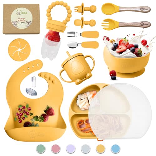 O'doe 17-Piece BPA-Free Silicone Baby Feeding Set | Thick & Soft Suction Plates, Baby Bowls, Wooden Fork & Spoon, and More | Make Mealtime Fun and Easy for Your Little One (Yellow, V2)