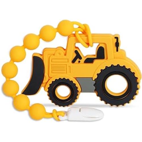 Baby Construction Vehicles Teething Toys,Food Grade Silicone Teether with One-Piece Pacifier Clip Holder,Shower Gift for 3 Months+ Boy and Girl,BPA Free,Freezer Safe. (Bulldozer)