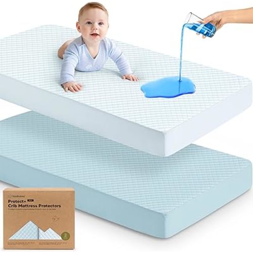 Waterproof Crib Mattress Protector Cover Fitted - 2-Pack Quiet Baby Crib Mattress Pad Sheets, 52" x 28" Soft Quilted Cotton Baby Sheet, Machine Washable, Easy Fit, Durable (Glacier/Quin)