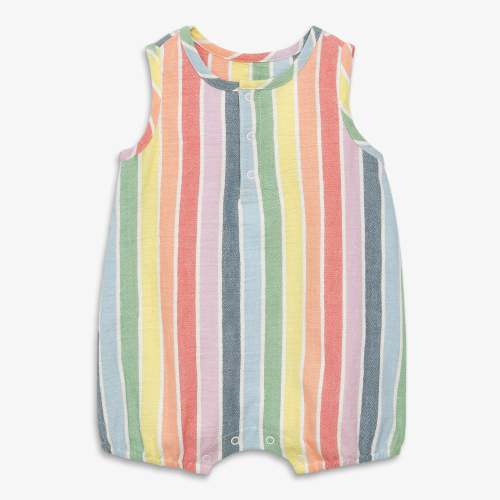 Baby cotton gauze bubble romper in rainbow stripe | Primary.com